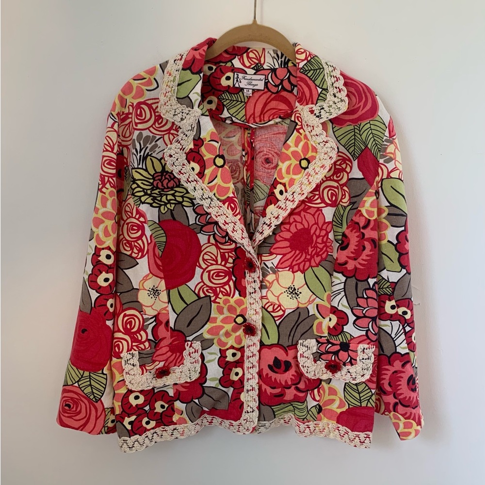 Vintage Floral Crochet-Trim Blazer Jacket - Pink / Red